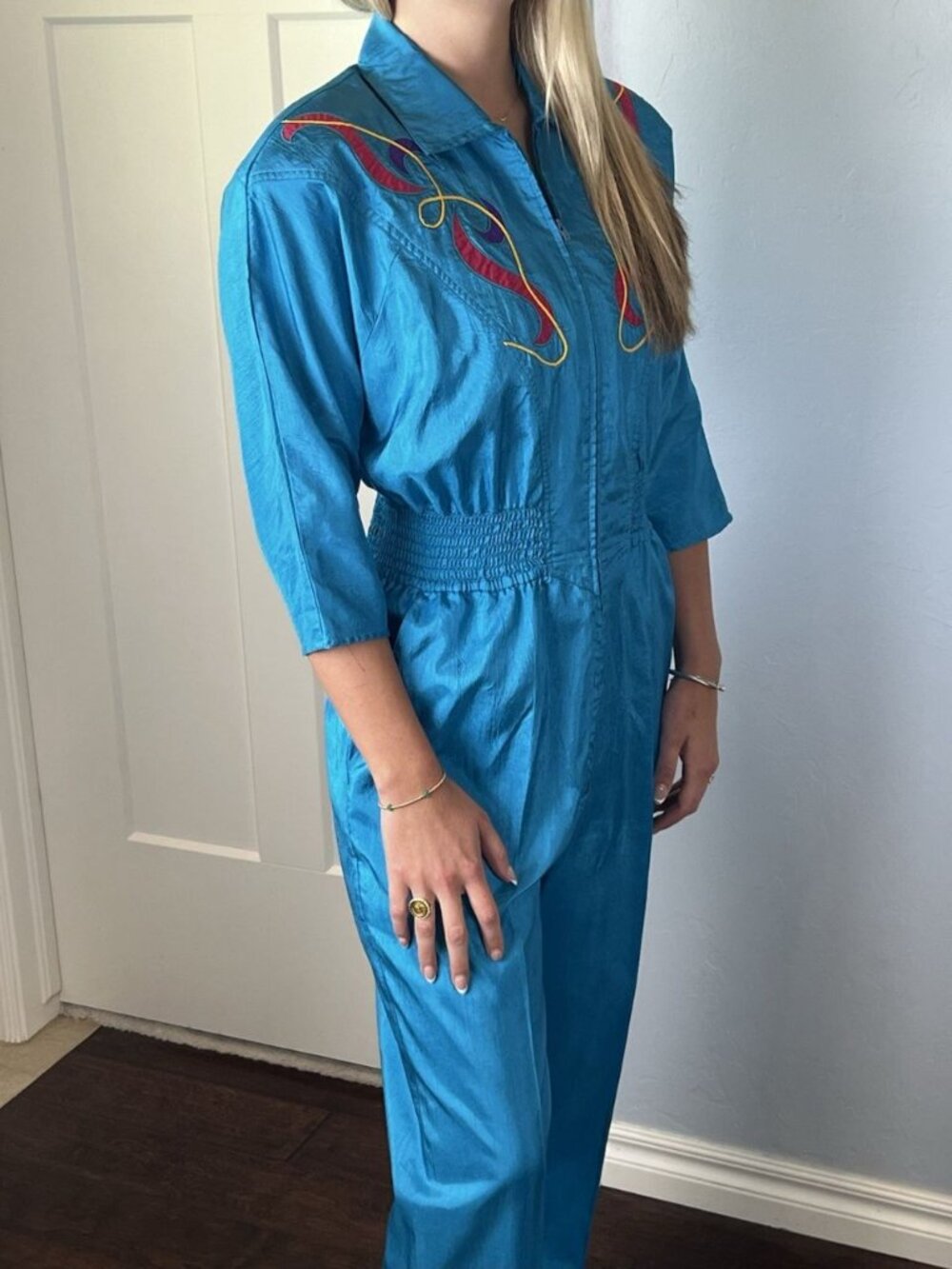 Vintage 80s Joan Walters Turquoise Art Deco Jumpsuit Smocked Zip Front Sz 6 - Picture 7 of 9